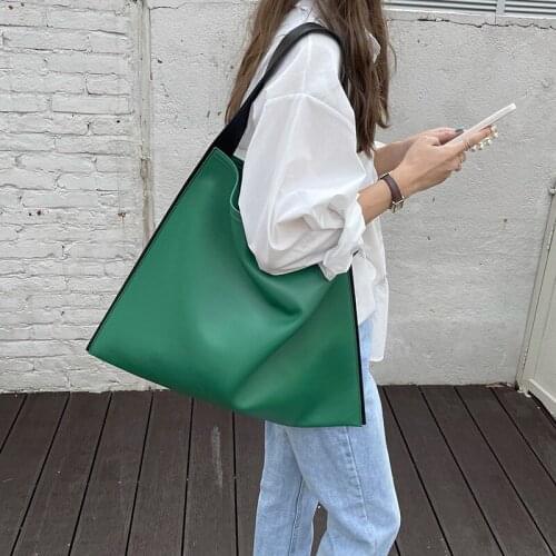 MJ Fashion Women Shoulder Bag PU Leather Color Contrast Tote Handbag Simple Casual Bucket Shopping Totes Large Green Female Bags