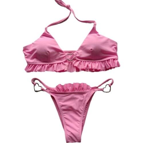 FY Women Sexy Two Piece Bikini Sets, Ruffle Halter Bra + Thong Bottom Swimsuits Swimwear