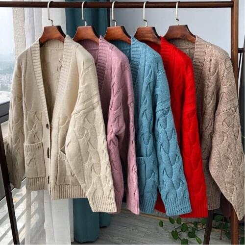 Brand Fashion Women High Luxury Autumn Winter Vintage Elegant Wool Loose Silhouette Thick Twist Knitted Cardigan Sweater