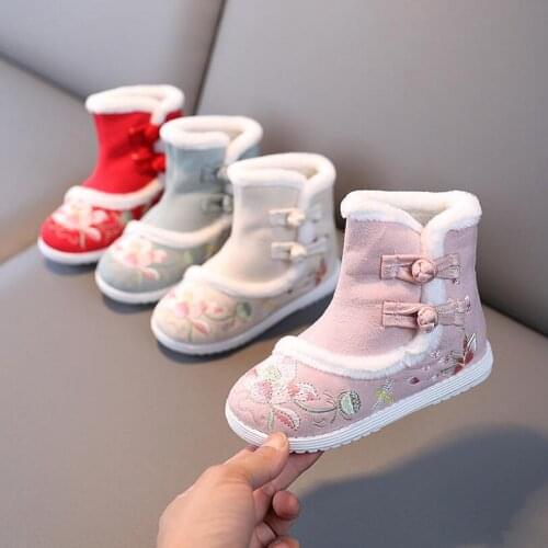 Winter Chinese Style Girls Boots Toddler New Cartoon Girl Embroidered Shoes Autumn Childrens Hanfu Shoes Plush Warm Girls Shoes