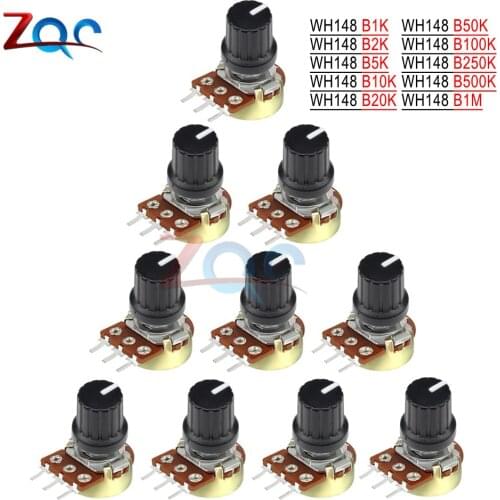 5PCS/Lot Potentiometer Resistor 1K 2K 5K 10K 20K 50K 100K 250K 500K 1MΩ 3 Pins Linear Taper Rotary Potentiometer Cap for Arduino