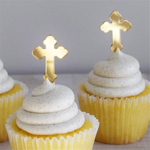 6 * Personalized Holy Cross Gold Mirror Acrylic Cupcake Decorations & Picks For Christening & Baptism Baby Shower Wedding Party