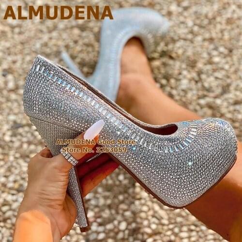 ALMUDENA Silver Crystal Bling Bling Wedding Shoes Stiletto Heels Platform Glitter Beaded Slip-on Dress Pumps Rhinestone Heels