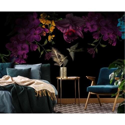 Custom large 3D mural wallpaper Nordic minimalist hand-painted peony flowers black bedroom background wall