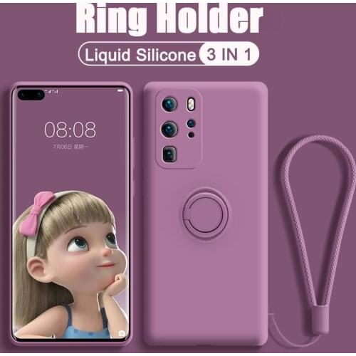 Liquid Silicone Car Ring Holder Case For Huawei P40 P30 P20 Mate 20 30 40 Honor 20 30 50 V30 V40 X10 Nova 7 8 Pro Lanyard Cover