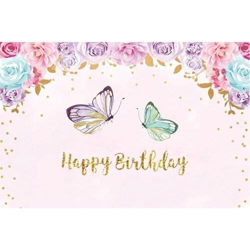 Flowers and Butterfly Couple Happy Birthday Backdrop Holiday Party Room Decor Photo Booth Studio Prop