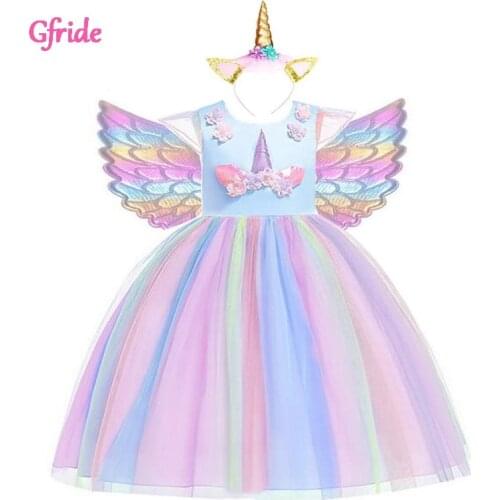 Summer Princess Girls Unicorn Costumes Kids Flowers Tutu Unicorn Dress With Headband Wings Fancy Birthday Theme Party Clothing