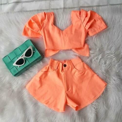 FOCUSNORM 2-7Y Fashion Kids Girls Clothes Sets Solid Short Puff Sleeve Backless Bowknot Tops Shorts 2pcs