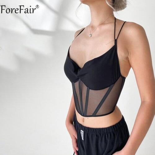 Forefair Black V Neck Sleeveless Sexy Spaghetti Strap Camis Mesh Women Crop Tops Backless White Summer Lace Up Basic Corset 2020