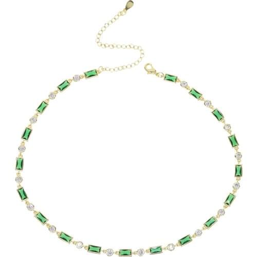Geometric baguette round cubic zirconia cz station link chain red green stone choker short women necklace fashion