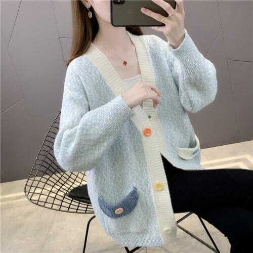 21053 (six small room window) will spend yarn knitting cardigan 46 v-neck pocket color matching buttons