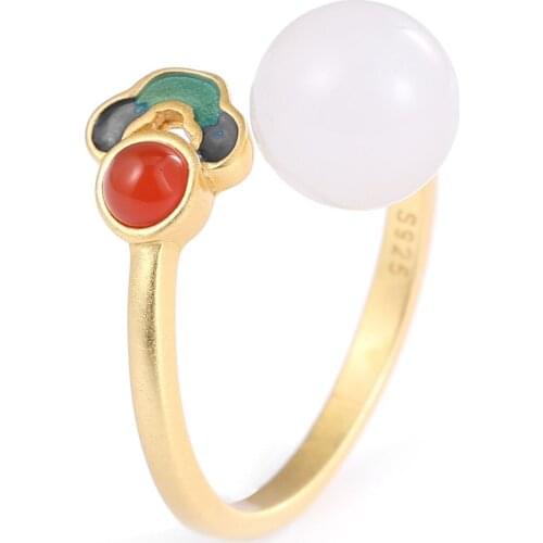 SA SILVERAGE S925 Sterling Silver Natural White Jade Ring Gold Color Opening National Palace Wind Red Hetian Jade Bead Ring