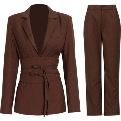 Two Pieces Set Pant Suits Women Blazer Pants High Waist Fashion Solid Brown Jackets Blazer High Waist Straight Trousers Suit