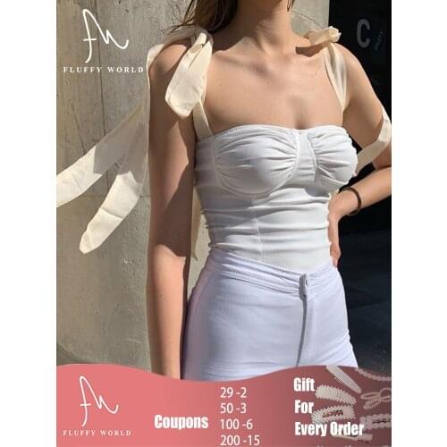 Crop Top Women Camis Bow-knot Bandage Satin Vest 2021 Summer Sexy Sleeveless Slim Low Chest Female Spaghetti Strap Camisole