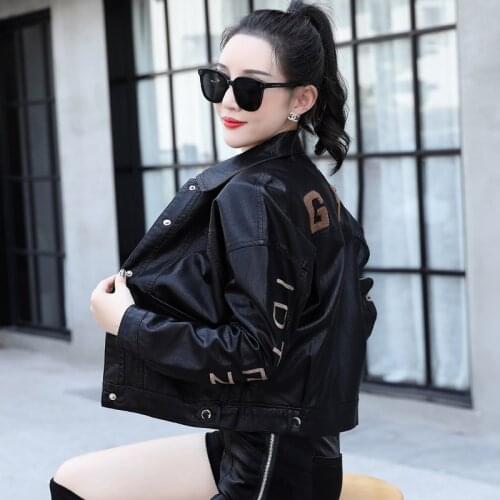 THEME 21 Women New Fashion Pu Leather Jacket Embroider Motorcycle Coat Short Faux Leather Biker Jacket Soft Bomber Jacket Female