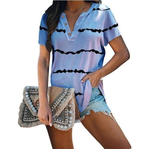 Summer Women T Shirts 2021 New Arrival V-neck Button Striped T-shirt Women Loose Short T Shirt Lady Plus Size 3XL Tops 8 Colors