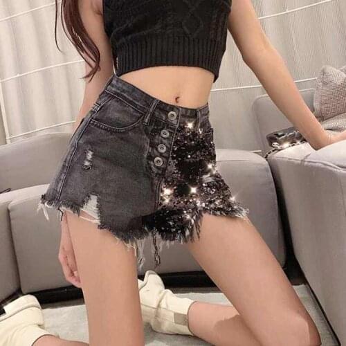 Summer Hole Tassel Denim Shorts Plus Size High Waist Sequin Short Jeans Casual Harajuku Streetwear Women Sexy Bottoms 620