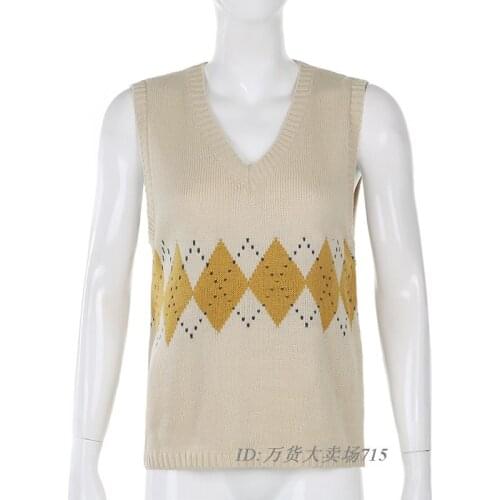 Fashion Girls Y2K Argyle Printed Preppy Style Knitted Camisole Slim Vest O Neck Korean Womens Sweatershirts T Shirts Streetwear