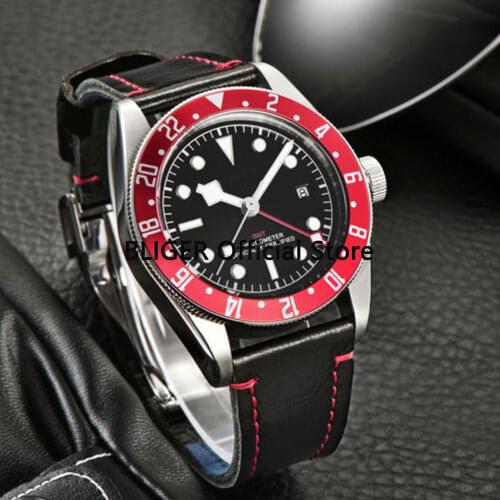 Simple Sapphire 41mm Black Sterile Dial Mens Watch Red Alloy Rotating Bezel GMT Function Leather Strap Automatic Movement C-7