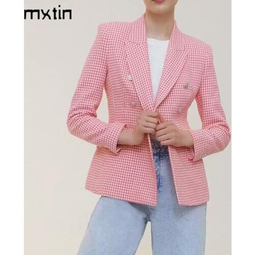 MXTIN 2021 Women Spring Vintage Plaid Pockets Jacket Coat Fashion Lapel Collar Double Breasted Office Lady Female Outerwear Tops