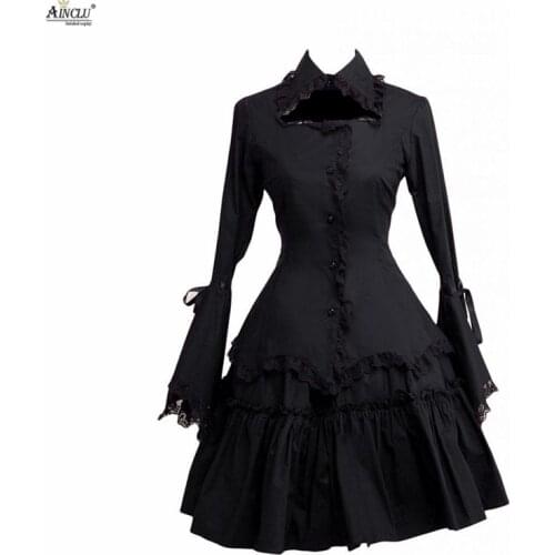 New Arrival High Quality Ainclu Cemavin Womens Cotton Ruffles Cosplay Lolita Black Gothic Blouse and Skirt Suit With LaceRibbon