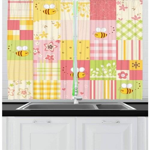 Flower and Geometric Bee Window Curtains Home Decor Kitchen Draperies Curtains for Bedroom Living Room Curtain