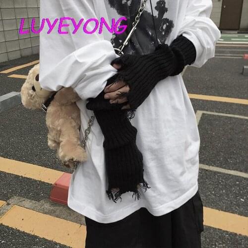 Tattered Punk Unisex Fingerless Cuff Knit Gloves Women Men Elbow Length Mittens Broken Cool Stretch Arm Warmer Black Gray Beige