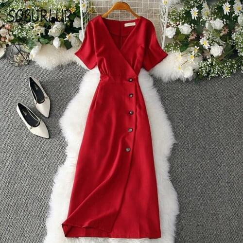 SOBURLUR 2021 Basic V-neck Summer dress Short Sleeve Party Dress woman Dresses Sexy Sundress Womens blouses Shirt Blousas Top