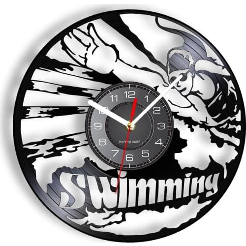 Swimming Modern Art Silent Non Ticking Wall Clock For Natatorium Vinyl Record Clock Swimmer Sports Home Decor Vinyl Disk Crafts