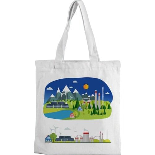 Canvas Bag Cartoon Architectural Picture Printed Canvas Bag Large Capacity White Leisure Environment-friendly Shopping Bag