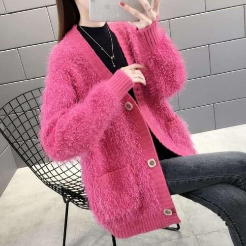 Women Cardigans Jacket Harajuku Loose V-neck Knitted Sweater Tops Female Winter Thick Warm Bright Silk Ladies Sweater Cardigans