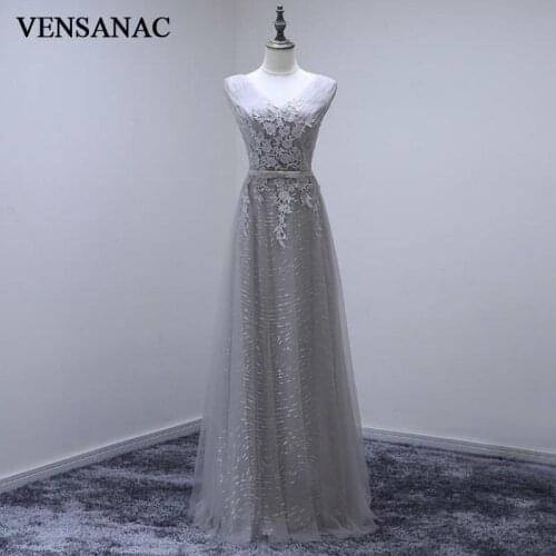 VENSANAC 2017 New A Line Lace Appliques V Neck Long Evening Dresses Sleeveless Elegant Sequined Sash Embroidery Party Prom Gowns