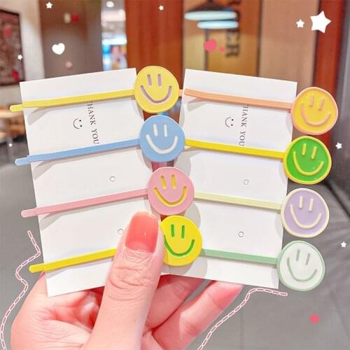 2 PCS Candy Color Smiley Face Hairpins Cartoon Cute Hit Color Hair Accessories Girls Broken Hair One Word Clip Headdress