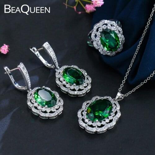 BeaQueen 3 Pcs Big Emeral Green Cubic Zirconia Stone Setting Flower 925 Sterling Silver Ethiopian Jewelry Sets for Women JS105
