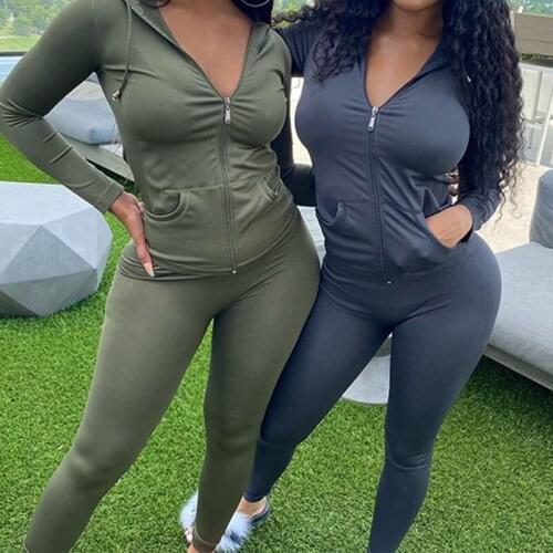Women 2 Pcs Outfits Long Sleeve Zipper Hoodies Jacket Sweatshirt Skinny Leggings Pants Set Solid Color Sports Tracksuit