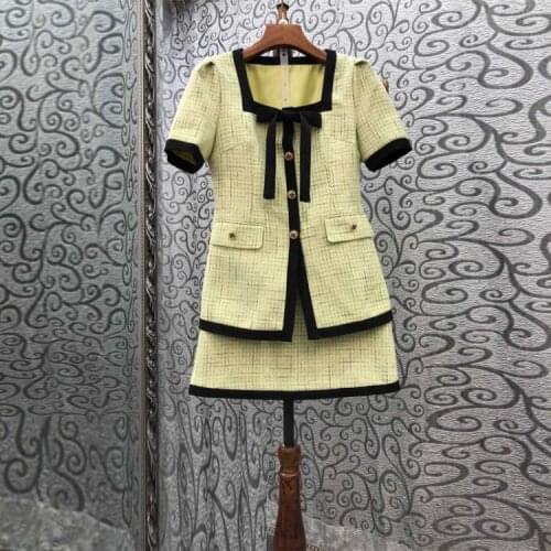 2021 Autumn Winter Tweed Wool Sets High Quality Clothing Women Geometric Patterns Wool Jackets+Mini Woolen Skirt Sets Female