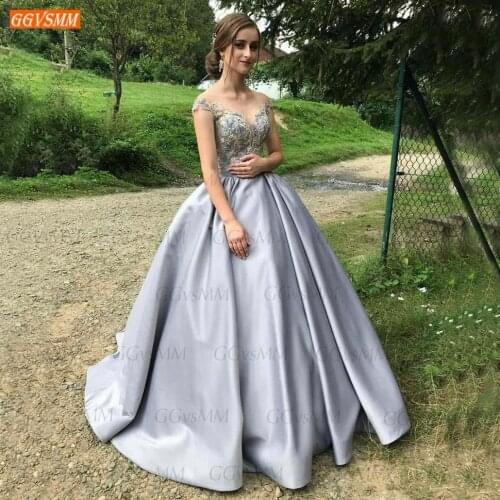 Fashion Silver Gray Prom Dresses Long 2020 O Neck Lace Appliqus Satin Ball Gown Women Dress Formal Gala Custom Made Robes De Bal