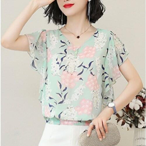 2019 Moda Mulheres Impresso Tops de Manga Curta Com Decote Em V Roupas Femininas Casual Elegante Mulheres Chiffon Blusas