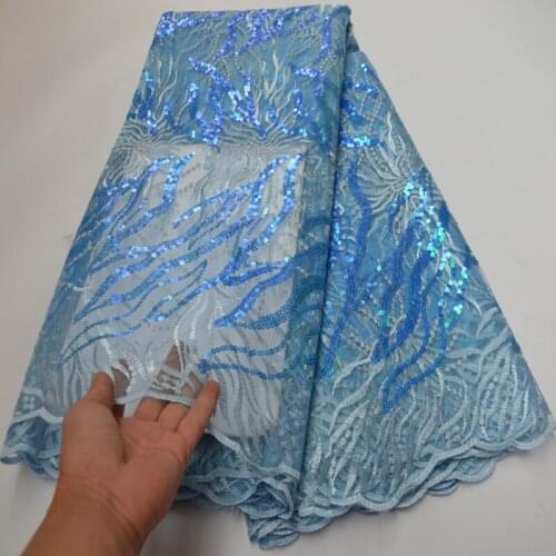 5yards/pc) Graceful French net lace sky blue African tulle lace fabric with wonderful embroidery and sequins for party FLP253