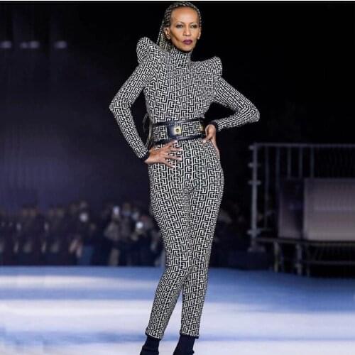 Free Shipping Wholesale New Rompers Black Stripe Jacquard Long Sleeve Fashion Casual Celebrity Party Bandage Jumpsuits