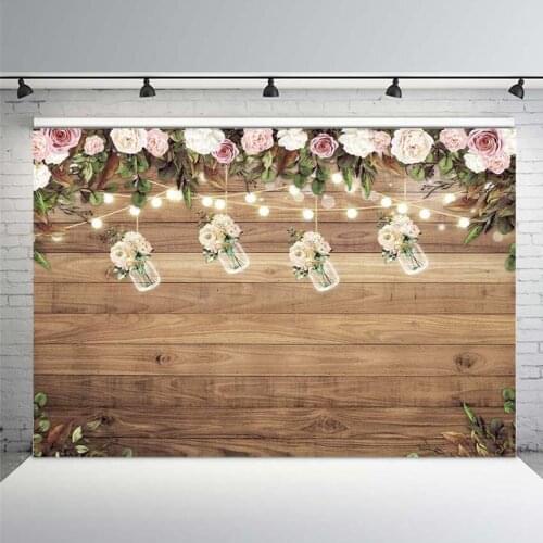 Rustic Wood Baby Shower Backdrop Pink White Flower Happy Birthday Backdrop Bottle Light Strip Birthday Backdrops for Baby Shower