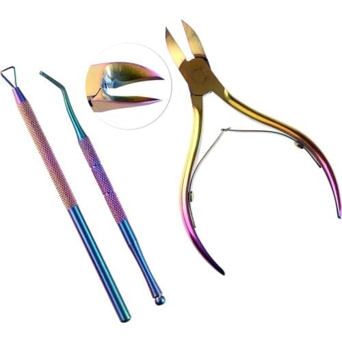 Nail Cuticle Pusher Stainless Steel Nipper Rainbow Clipper Scissor Dead Skin Remover Manicure Nail Art Tool set