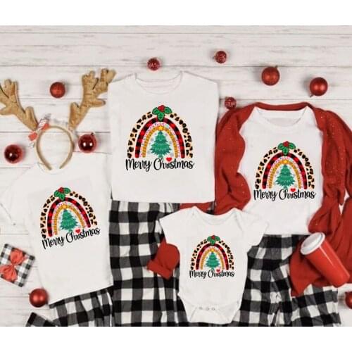 Rainbow Merry Christmas Short Sleeve Family Matching Clothes Mother Father Daughter Son Kid T-shirt Baby Romper