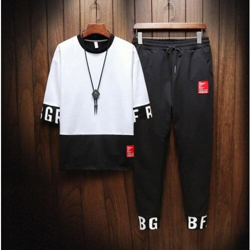 New Summer Men Sportswear Sets T-shirts+pants 2 Pieces Sets Men Hip Hop Casual Loose Sets Half Sleeve T-shirts+Slim Pants