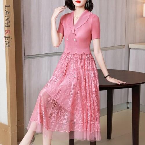 LANMREM Pleated Lace Mesh Dress For Women 2021 Summer Lapel Slim Patchwork Short Sleeves Dresses Female Elegant Clothing 2D3988