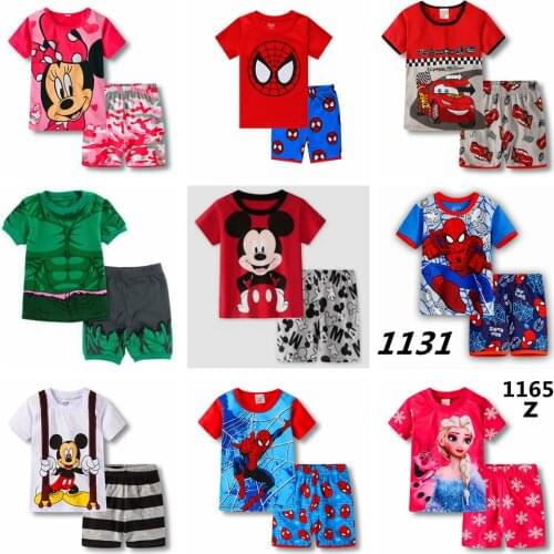 Summer Children Pajamas Short Sleeve T Shirt+Shorts Sets Kid Pyjamas Boy Girl Pijamas Cartoon Spiderman Elsa Baby Sleepwear Suit