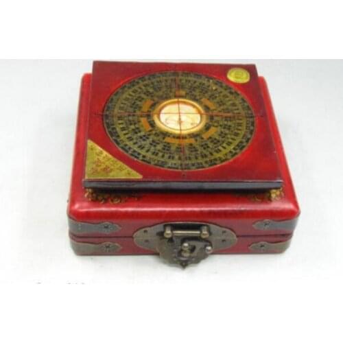Copper Statue BAGUA COMPASS Feng Shui Lo Luo Pan Chi Dragon Phoenix Leather Box Brass Lock