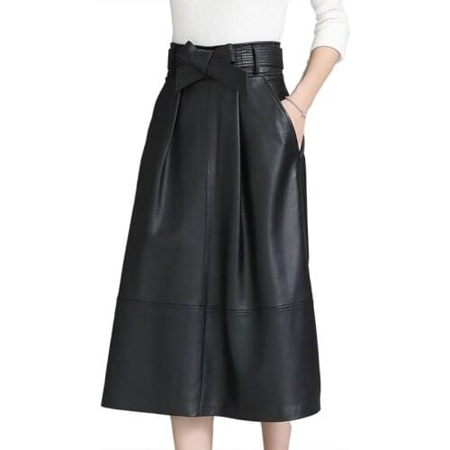 Autumn Spring Sheep Leather Bag Hip Skirt A-Line Solid Genuine Leather with Pockets Mid Length Fashion Black Classic Belt Skirt
