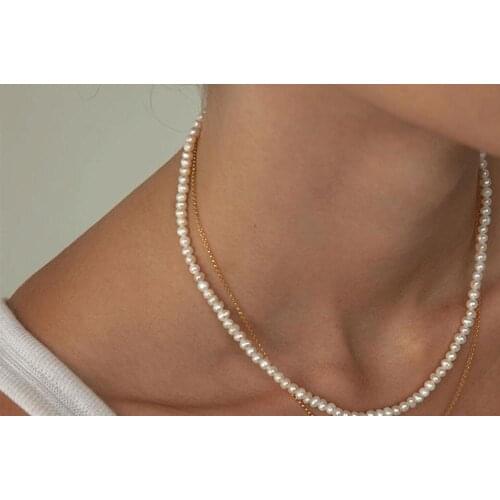 3-4mm white Natural pearl choker necklace gold clasp extend chain freshwater pearl Woman Jewelry 35cm 43cm 14'' 17