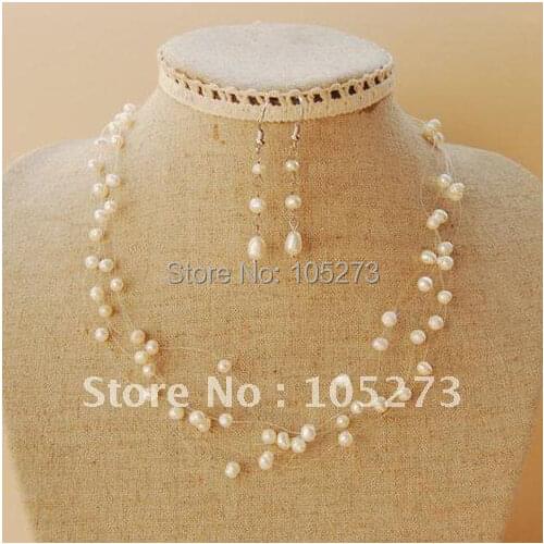 5MM Round Freshwater Pearl White 16'-19' Necklace Earring Jewelry Set Fashion Wedding Jewelry New Free Shipping FN2258